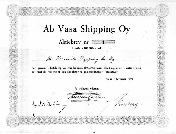 Vasa Shipping osakekirja